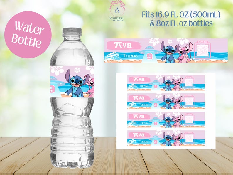 May include: Water bottle labels featuring Stitch and Angel from Lilo & Stitch. The labels are pink and blue with a beach scene and the text "Ava Turns 9". The labels are designed to fit 16.9 fl oz (500 ml) and 8 oz water bottles.