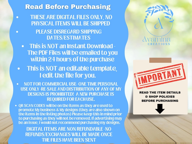 Puede incluir: Una hoja de informaci&oacute;n de producto digital con fondo azul y texto blanco. La hoja incluye un logotipo, un sello rojo "IMPORTANTE" y una lista de detalles de compra. El texto aconseja a los clientes que lean los detalles del art&iacute;culo y las pol&iacute;ticas de la tienda antes de comprar.