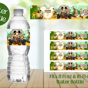 May include: Printable water bottle labels featuring Mickey Mouse in a safari jeep with a giraffe, monkey, and other jungle animals. The labels say "Ameer is turning 2". The labels are designed to fit 8 fl oz and 16 fl oz water bottles.
