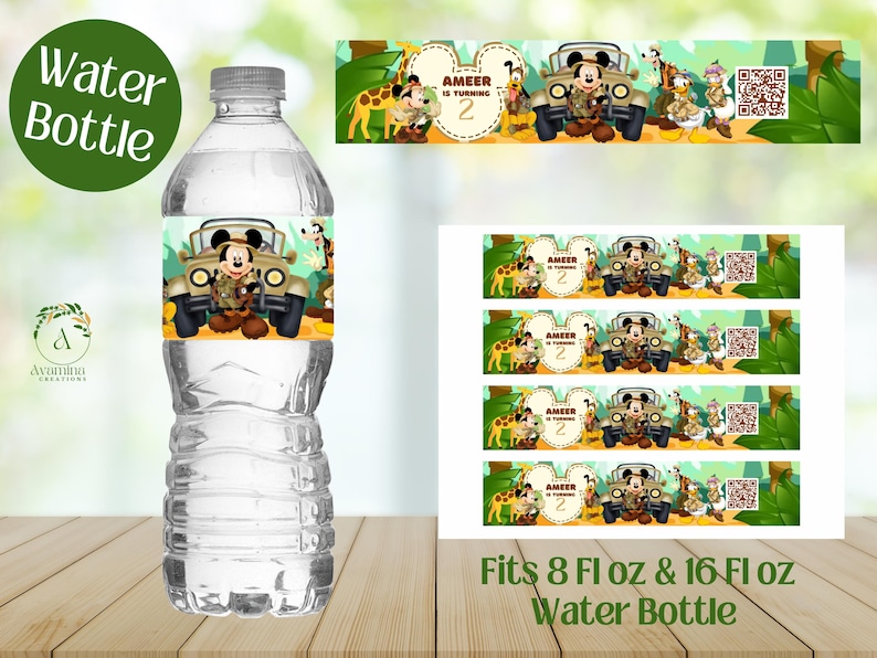 May include: Printable water bottle labels featuring Mickey Mouse in a safari jeep with a giraffe, monkey, and other jungle animals. The labels say "Ameer is turning 2". The labels are designed to fit 8 fl oz and 16 fl oz water bottles.