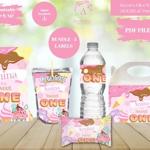 Sweet One - Two Sweet - Sweet Party Favor Labels - 5 Pack- Birthday- Chips -  Water - Juice Pouch- Rice Treat - Gable Box - Digital Download
