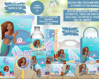 May include: Printable party supplies featuring a mermaid with brown skin and long hair. The set includes a water bottle label, a Capri Sun label, a treat bag, a favor bag, a snack bag, a lollipop wrapper, a box label, and a can label. All items feature a mermaid with brown skin and long hair, a seashell, and the name "Amina".