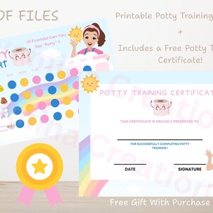 May include: Printable potty training chart and certificate set. The chart features a rainbow design with a potty training checklist. The certificate includes space for date and signature. Includes a gold star reward.