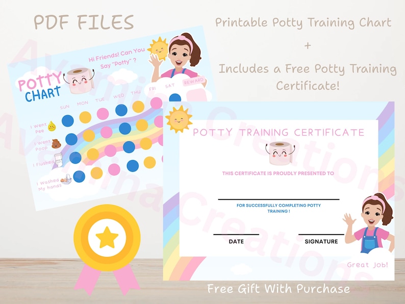 May include: Printable potty training chart and certificate set. The chart features a rainbow design with a potty training checklist. The certificate includes space for date and signature. Includes a gold star reward.