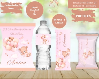 We Can Bearly Wait Baby Shower Labels - 4 Pack- Bear Girl Baby-Chip bag - Water-Rice Treat - Chocolate - Baby - Digital Download- PDF Files