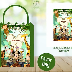 May include: Green favor bag with a jungle theme. The bag features a cartoon Mickey Mouse character and the text "Thank you for coming!" and "Ameer is turning 2".