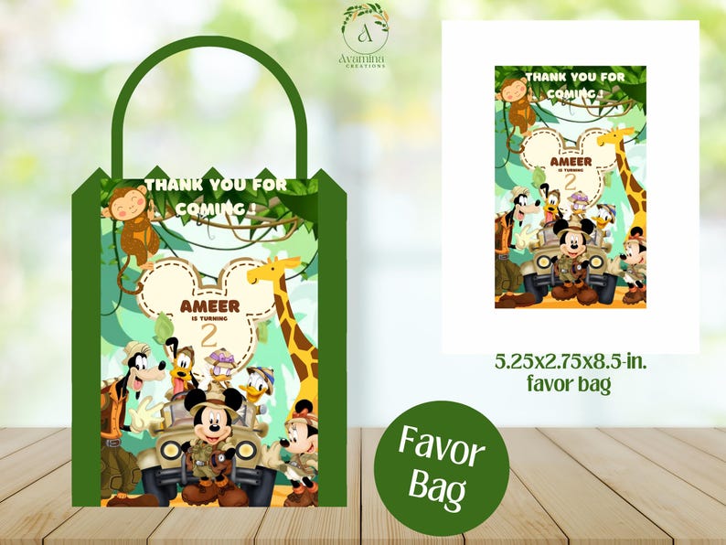 May include: Green favor bag with a jungle theme. The bag features a cartoon Mickey Mouse character and the text "Thank you for coming!" and "Ameer is turning 2".
