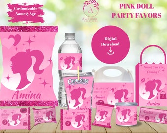 Poupée - Étiquettes de fête - Mode- Anniversaire de fille- Anniversaire de poupée rose - Étiquettes de faveur de fête - Faveurs de fête de poupée - Sac de puce de poupée- Téléchargement numérique