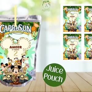 May include: A Capri Sun juice pouch with a jungle theme. The pouch features Mickey Mouse and other Disney characters, including Goofy and Donald Duck. The text on the pouch reads "Capri Sun" and "Ameer is turning 2".