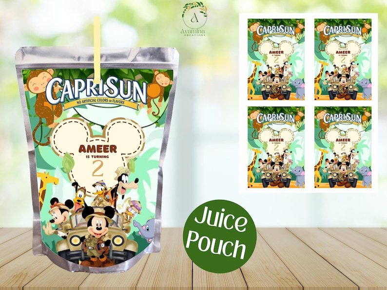 May include: A Capri Sun juice pouch with a jungle theme. The pouch features Mickey Mouse and other Disney characters, including Goofy and Donald Duck. The text on the pouch reads "Capri Sun" and "Ameer is turning 2".