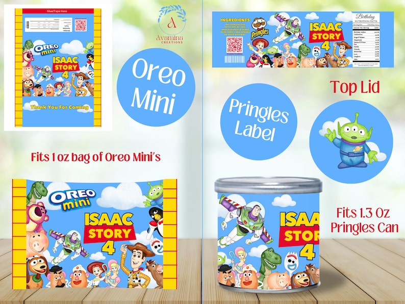 Puede incluir: Una colecci&oacute;n de etiquetas y embalajes personalizados con personajes de la pel&iacute;cula de animaci&oacute;n "Toy Story". Incluye una etiqueta para Oreo Mini's, una etiqueta Pringles y una etiqueta para un recipiente cil&iacute;ndrico. Las etiquetas son azules, amarillas y blancas.