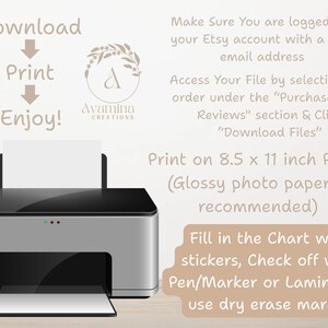 May include: A silver and black printer with a white sheet of paper in the output tray. Text includes "Download, Print, Enjoy!" and instructions to print on 21.6 x 27.9 cm paper.