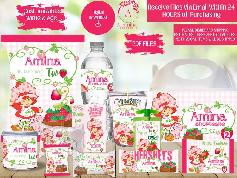 May include: A collection of pink and white Strawberry Shortcake-themed party supplies, including water bottle labels, juice boxes, and candy wrappers. The text "Amina is turning Two" is featured prominently, along with the words "Customizable Name & Age".