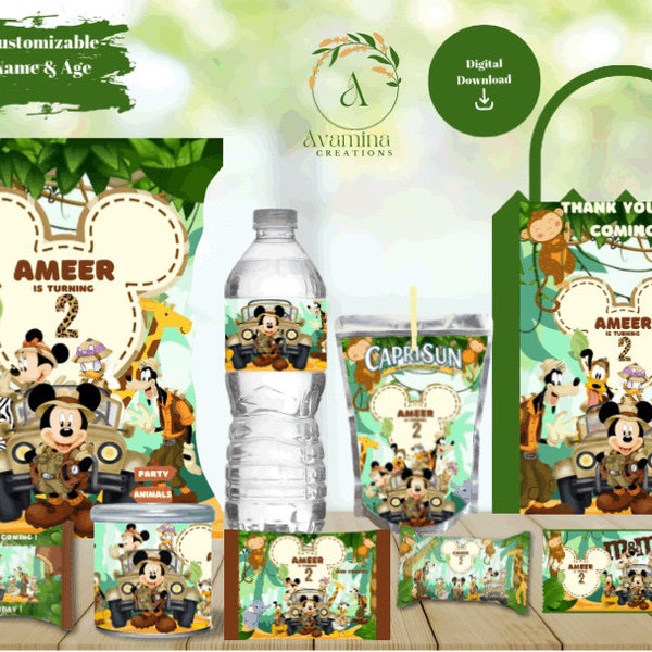 Mickey Mouse Safari Party Labels - Chip bag - Water bottle - chocolate - Juice- Pringles- Rice Treat- Favor bag- DIGITAL DOWNLOAD