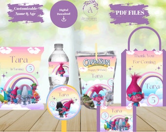 Girls Party Labels - Kids Birthday- Trolls Birthday - Party Favor Labels - Digital Download- PDF Files