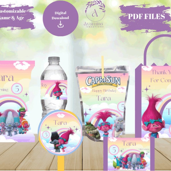 Trolls - étiquettes de fête - anniversaire d'enfants - anniversaire de trolls - étiquettes de cadeaux - téléchargement numérique - fichiers PDF