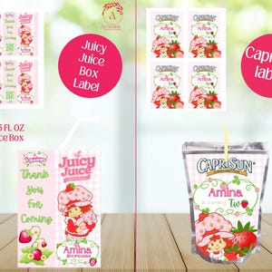 May include: Pink and white labels and juice boxes with a strawberry shortcake theme. The labels and boxes feature illustrations of a strawberry shortcake character, strawberries, and text. The juice box fits a 6.75 fl oz box.