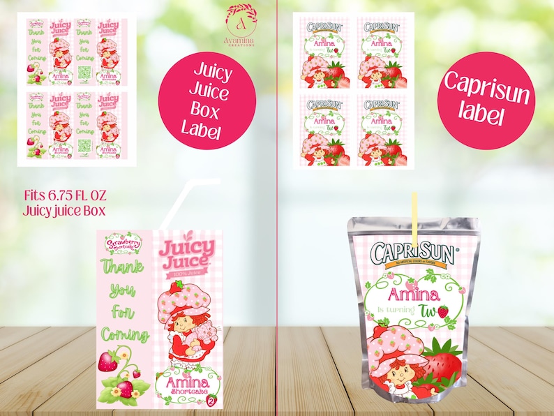 May include: Pink and white labels and juice boxes with a strawberry shortcake theme. The labels and boxes feature illustrations of a strawberry shortcake character, strawberries, and text. The juice box fits a 6.75 fl oz box.