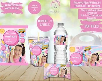 May include: A set of five printable labels for a birthday party. The labels feature a girl with a pink shirt and a school bus theme. The labels are for a juice box, a water bottle, a treat bag, a favor box, and a snack bag. The labels are customizable with the child's name and age.  The text on the labels reads "Can You Say Amina's 1st Birthday".