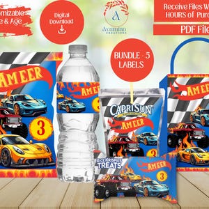 Race car Party Favor Labels - 5 Pack- Flame - Boy Birthday - Chip bag - Juice Pouch- Rice Treat - Favor Bag - Digital Download- PDF Files