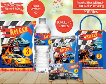 Race car Party Favor Labels - 5 Pack- Flame - Boy Birthday - Chip bag - Juice Pouch- Rice Treat - Favor Bag - Digital Download- PDF Files