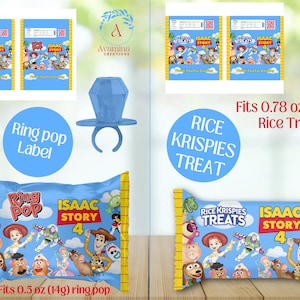 Puede incluir: Envases azules de Ring Pop y Rice Krispies Treats con tem&aacute;tica de Toy Story. El empaque presenta varios personajes de la pel&iacute;cula, con el texto "ISAAC STORY 4". La etiqueta Ring Pop se adapta a un Ring Pop de 14 g.