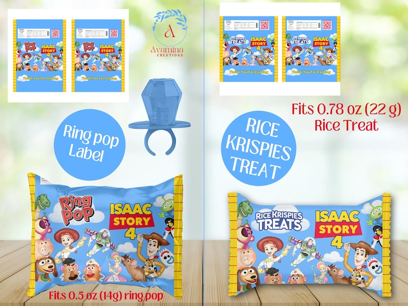 Puede incluir: Envases azules de Ring Pop y Rice Krispies Treats con tem&aacute;tica de Toy Story. El empaque presenta varios personajes de la pel&iacute;cula, con el texto "ISAAC STORY 4". La etiqueta Ring Pop se adapta a un Ring Pop de 14 g.