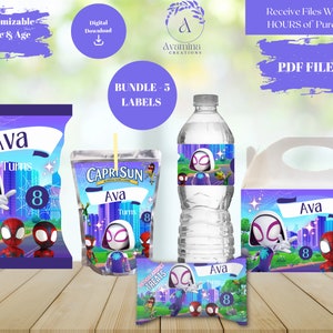 Ghost Spider Favor Labels - 5 Pack- Birthday- Gwen Stacy- Chips -  Water - Juice Pouch- Rice Treat - Gable Box - Digital Download- PDF Files