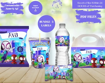 Etiquetas de regalo de araña fantasma - Paquete de 5 - Cumpleaños - Gwen Stacy - Papas fritas - Agua - Bolsa de jugo - Dulce de arroz - Caja Gable - Descarga digital - Archivos PDF