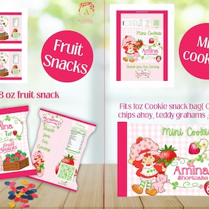 May include: Pink and white snack packaging with a strawberry theme. The packaging features the text "Fruit Snacks" and "Mini Cookies", along with illustrations of a strawberry girl and strawberries. The packaging fits 0.8 oz and 1 oz snack bags.