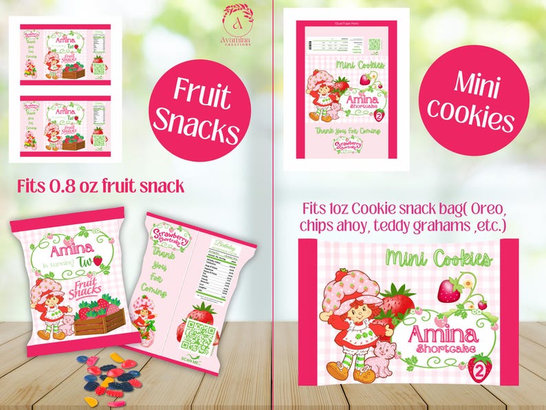 May include: Pink and white snack packaging with a strawberry theme. The packaging features the text "Fruit Snacks" and "Mini Cookies", along with illustrations of a strawberry girl and strawberries. The packaging fits 0.8 oz and 1 oz snack bags.