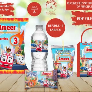 Pode incluir: Um conjunto de cinco etiquetas de lembrancinhas de festa imprimíveis com os personagens de desenhos animados Firebuds. As etiquetas são projetadas para uma festa de aniversário com o nome "Ameer" e a idade "3" impressos nelas. As etiquetas são projetadas para garrafas de água, caixas de suco, sacos de lanches e sacos de lembrancinhas.