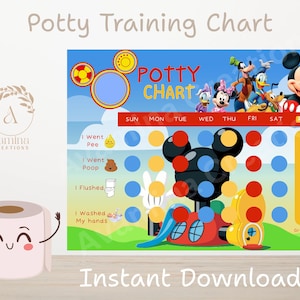 May include: A colorful potty training chart featuring Mickey Mouse and friends. The chart includes spaces for tracking progress with icons for peeing, pooping, flushing, and handwashing. The words "Potty Training Chart" and "Instant Download" are also visible.