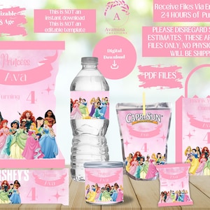 Princess Party Pack Labels - Chip bag - Water bottle - Candy Bar -Fruit Snacks- Juice- Pringles- Favor bag- DIGITAL DOWNLOAD