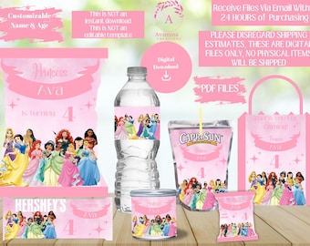 Princess Party Pack Labels - Chip bag - Water bottle - Candy Bar -Fruit Snacks- Juice- Pringles- Favor bag- DIGITAL DOWNLOAD