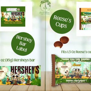May include: Printable labels for Hershey's chocolate bars and Reese's Peanut Butter Cups. The labels feature a jungle theme with Mickey Mouse and friends. The text on the labels says "Thank you for coming!" and "Happy Birthday!"