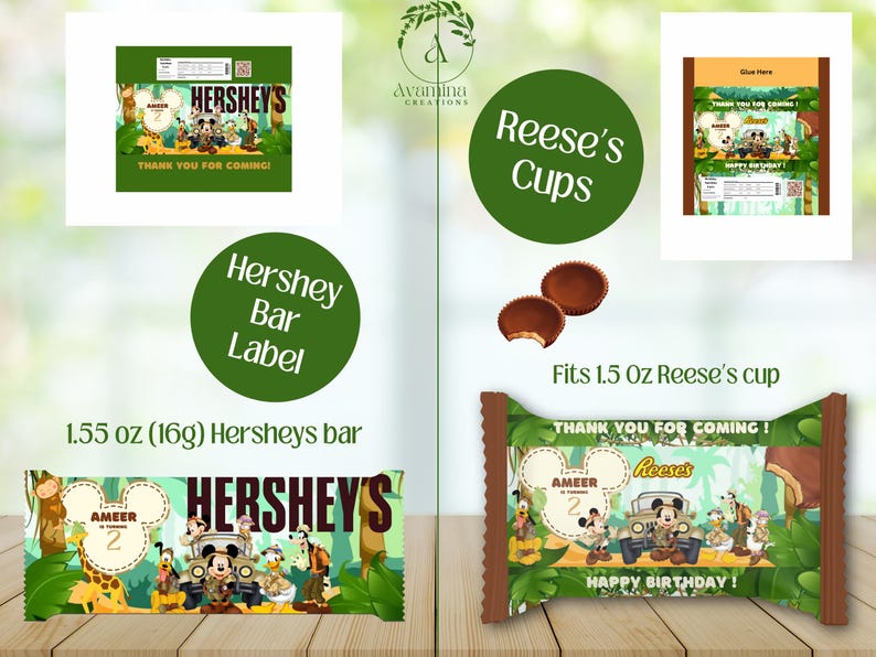 May include: Printable labels for Hershey's chocolate bars and Reese's Peanut Butter Cups. The labels feature a jungle theme with Mickey Mouse and friends. The text on the labels says "Thank you for coming!" and "Happy Birthday!"