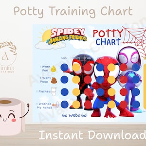 May include: A potty training chart featuring Spidey and his Amazing Friends. The chart includes spaces for tracking bathroom visits, with a reward section. The words "Potty Training Chart" and "Instant Download" are also visible.