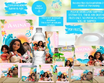 Princess Party Labels - Moana - girl birthday-Ocean Princess-Party label- Party favors - Moana Chip bag- Juice Digital Download - PDF File