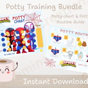 May include: A potty training bundle featuring a potty chart and routine guide. The chart includes Spidey and his Amazing Friends characters, with spaces for tracking progress. The routine guide illustrates steps for using the toilet, with the text "Instant Download".