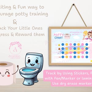May include: A potty training chart in a wooden frame, with cartoon illustrations of a toilet, toilet roll, and a girl with a sun. The chart has a rainbow design for tracking progress. Text includes "Potty Chart" and instructions.