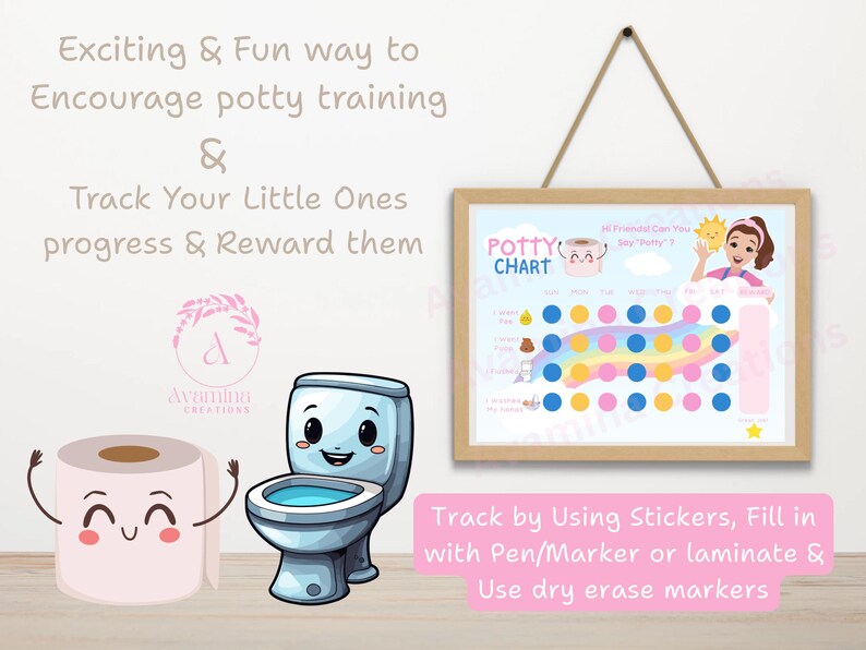 May include: A potty training chart in a wooden frame, with cartoon illustrations of a toilet, toilet roll, and a girl with a sun. The chart has a rainbow design for tracking progress. Text includes "Potty Chart" and instructions.