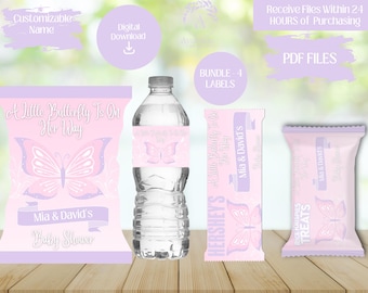 Etiquetas para baby shower, bolsa de papas fritas, botella de agua, barra de chocolate, golosina de arroz, niña, mariposa, baby shower, descarga digital