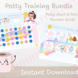 May include: A potty training bundle with a potty chart and routine guide. The chart features a rainbow and colourful dots for tracking progress. The routine guide illustrates steps with illustrations and text. The words "Potty Training Bundle" and "Instant Download" are visible.