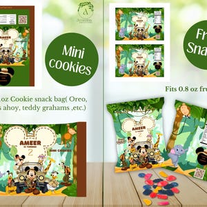 May include: Jungle-themed party favor bags with a cartoon monkey, elephant, and lion. The bags are decorated with green leaves and vines. The text "Fruit Snacks" is printed on the front of the bag. The text "Fits 0.8 oz fruit snack" is printed below the bag.