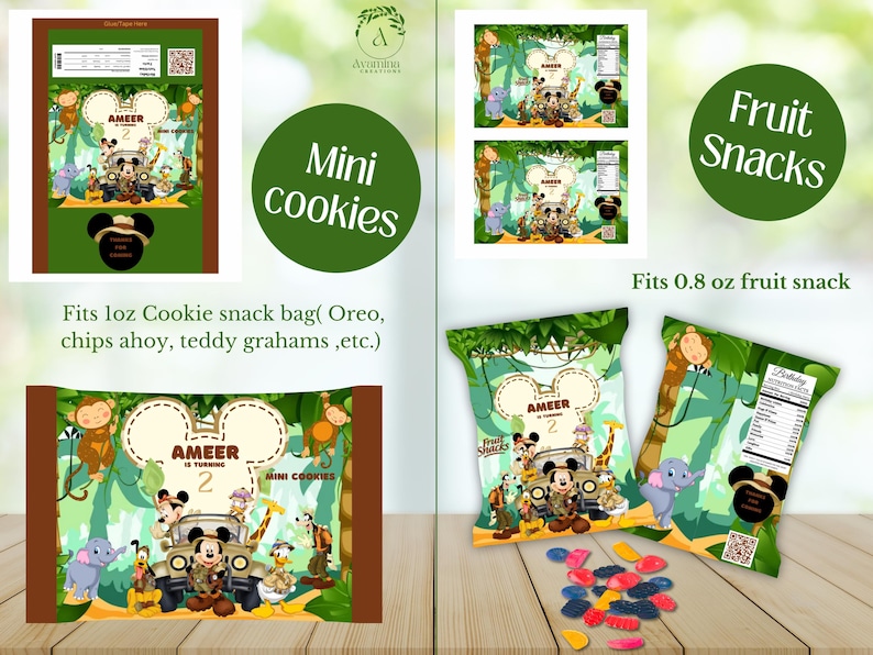 May include: Jungle-themed party favor bags with a cartoon monkey, elephant, and lion. The bags are decorated with green leaves and vines. The text "Fruit Snacks" is printed on the front of the bag. The text "Fits 0.8 oz fruit snack" is printed below the bag.
