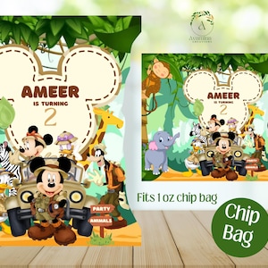 May include: A chip bag wrapper featuring a cartoon jungle scene with Mickey Mouse and other Disney characters. The wrapper is designed for a 1 oz chip bag and includes the text "AMEER IS TURNING 2".