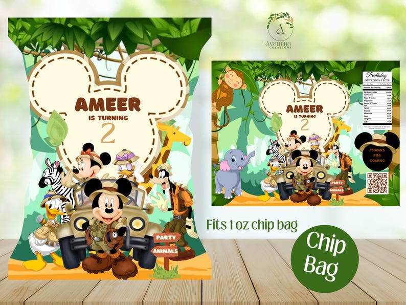 May include: A chip bag wrapper featuring a cartoon jungle scene with Mickey Mouse and other Disney characters. The wrapper is designed for a 1 oz chip bag and includes the text "AMEER IS TURNING 2".