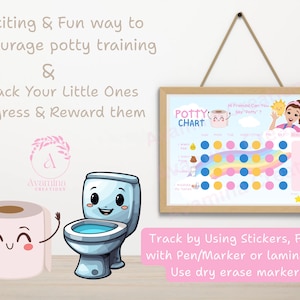 Puede incluir: Un gr&aacute;fico de entrenamiento para ir al ba&ntilde;o con marco de madera, con ilustraciones de dibujos animados de un inodoro, papel higi&eacute;nico y una ni&ntilde;a. El gr&aacute;fico tiene un dise&ntilde;o de arco&iacute;ris y el texto "Potty Chart". Est&aacute; dise&ntilde;ado para rastrear el progreso y recompensar a los ni&ntilde;os.