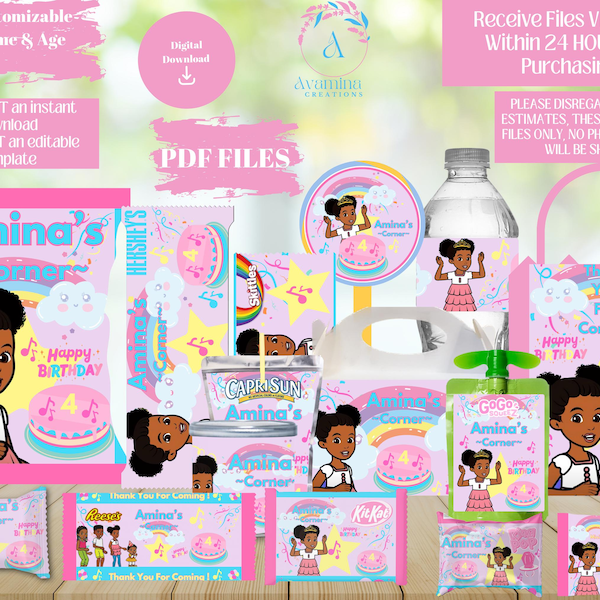 Party Labels - Kids Corner -  Birthday- GIRL Birthday - Party Favor Labels - Digital Download- PDF Files